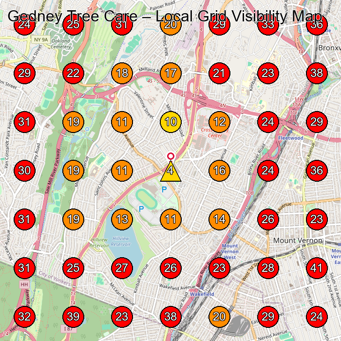 Gedney Tree Care GeoGrid visibility map for Arborist Service in New Rochelle